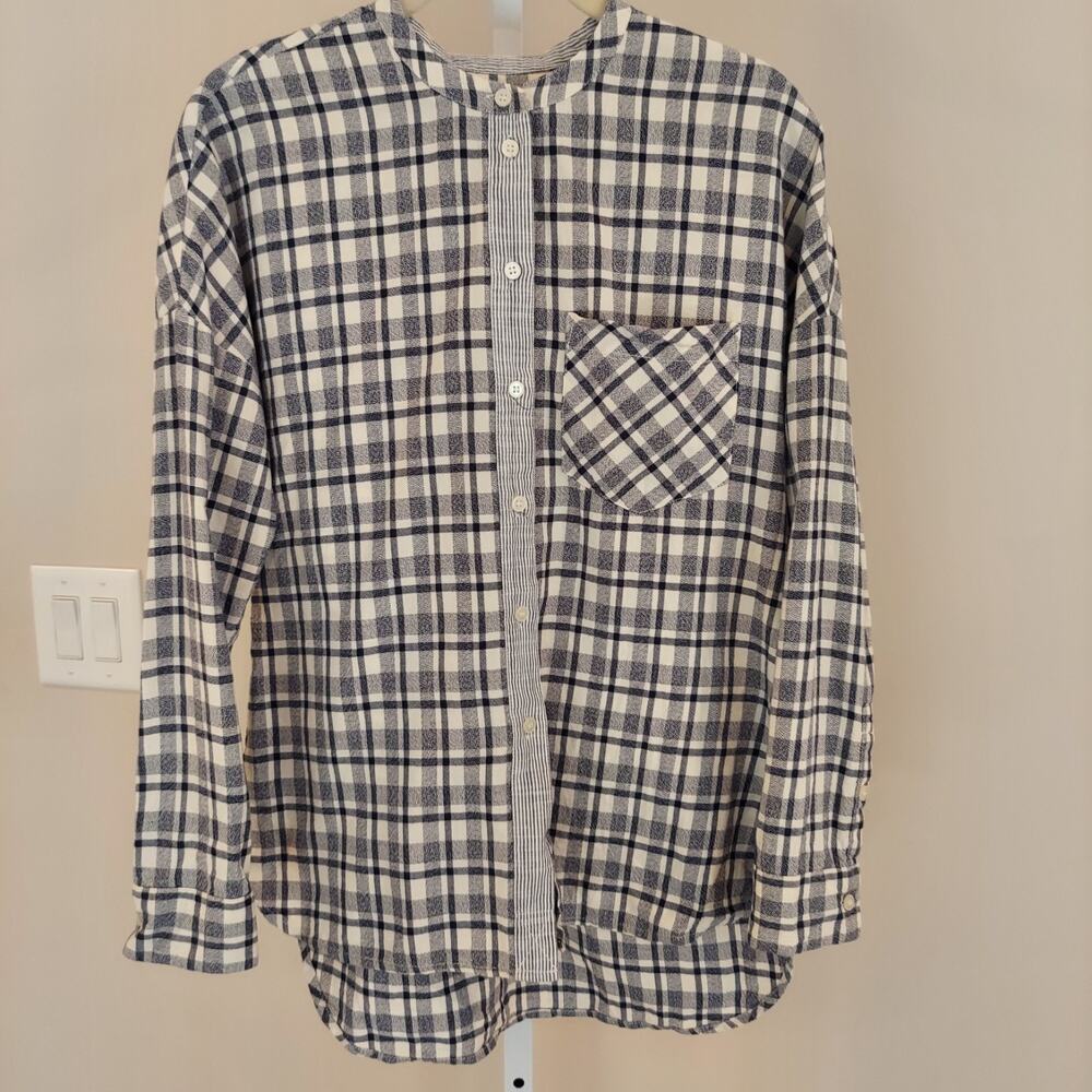 Madewell Collarless Button Up Shirt Size XS Stripe Plaid Long Sleeve Classic